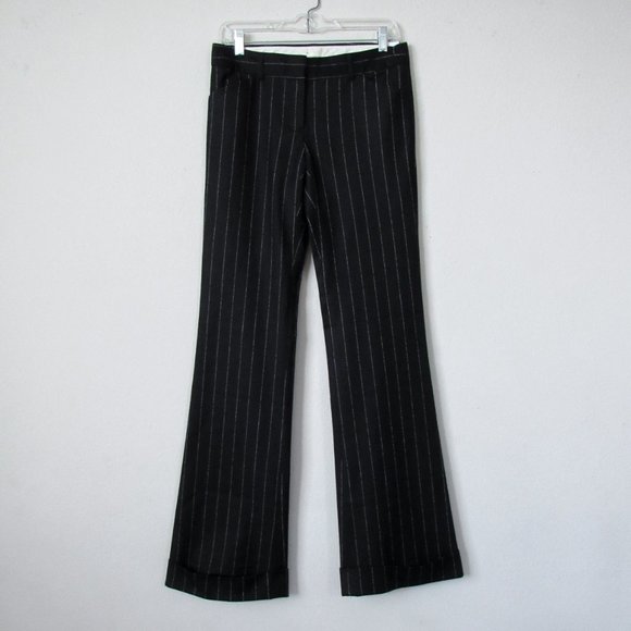 SOLD THEORY Black Pinstripe Flare Trousers Low Rise Wool Dress Pants Essential - Picture 3 of 13